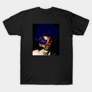 Digital collage, special processing. Strong guy in helmet. Protection, durable. Red and blue. T-Shirt